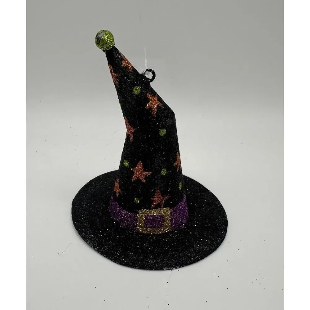 Pier 1 Halloween Black Witches Hat Ornament Stars Glitter